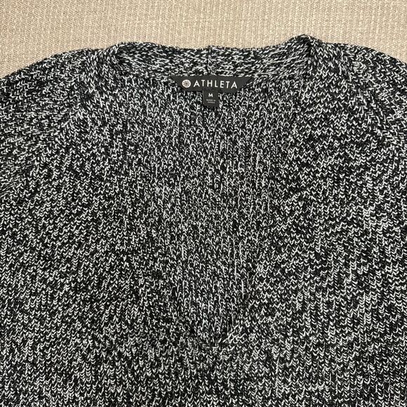 Athleta B&W Marled Knit Deep V Neck Raglan Merino Wool Sweater Side Slits Sz L - Picture 5 of 7